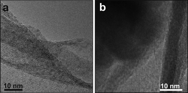 (a) A high resolution TEM image of the GO layer. (b) The detail of the compound 1 rods. Both structures exhibit some crystalline order.