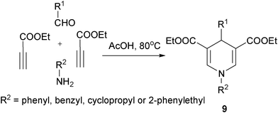 Direct synthesis of symmetrical 1,4-DHPs from propiolate.