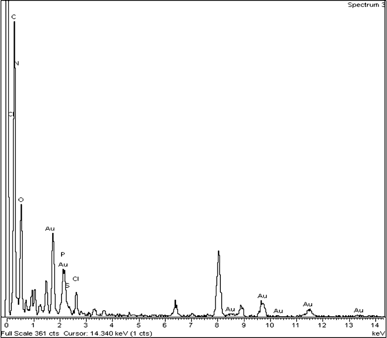 EDXS pattern of the PRAu11 composite showing the presence of Au, P and RNA in the composite.