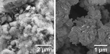 SEM-images of commercial Mg(OH)2 (Dead Sea Periclase Ltd.) and MgO (Sigma-Aldrich)