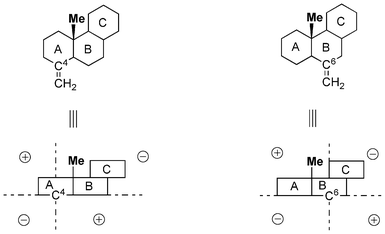 Octant diagram showing the position of methyl group in 2 and 4 to the relevant sp2 (C4 or C6) carbon atom.