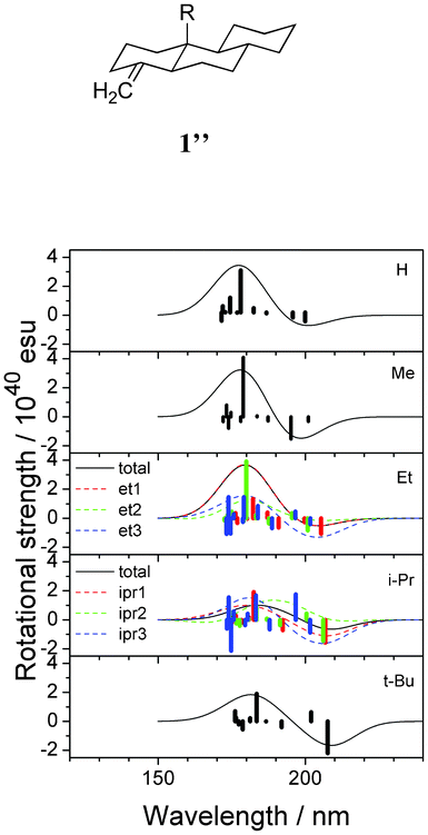 Calculated CD spectra of the alkyl-substituted model compounds 1′′ (R = H, Me, Et, i-Pr, t-Bu). Vertical lines in each panel correspond to calculated rotational strengths.