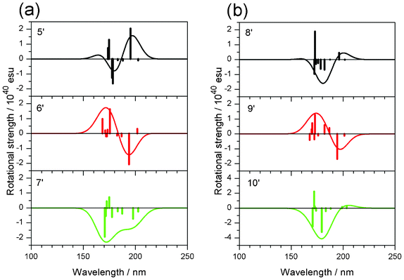 Calculated CD spectra of model compounds (a) 5′–7′ (methylated) and (b) 8′–10′ (non-methylated). Vertical lines in each panel correspond to calculated rotational strengths.