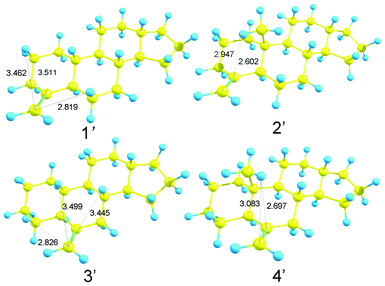 Optimized structures of model compounds 1′, 2′, 3′ and 4′. Numbers refer to H/C distances (in Å).