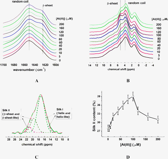 FT-IR (A), and 1H CRAMPS (B) spectra of silk fibroin in the presence of Al(iii) at various concentrations. (C) One of the deconvoluted 13C CP/MAS NMR spectra of Ala Cβ using Gaussian line-shape, solid curve (in olive) and dash dot curve (in orange) represent the experimental and simulated spectra, respectively. The shot dashed curves represent the deconvoluted peaks for different secondary structures. (D) Dependence of Silk II content containing β-sheet-like and β-sheet conformers on Al(iii) concentration.