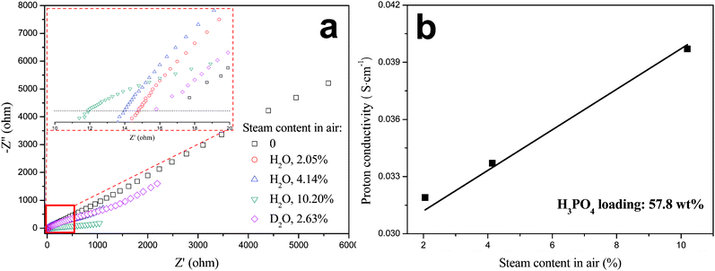 (a) Nyquist plot of impedance spectra and (b) proton conductivity of H3PO4-imbibed PAM/PAM IPN membrane as a function of steam content in air at 132 °C.