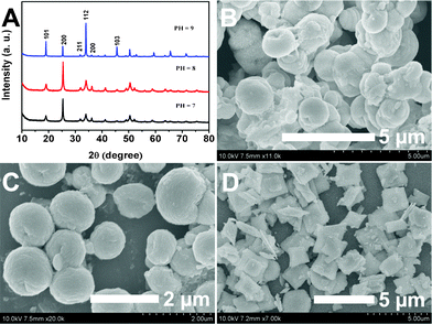 XRD patterns (A) and SEM images of the samples obtained at 180 °C for 24 h with 0.2 g Na2tar and different pH values (B: 7; C: 8; D: 9).