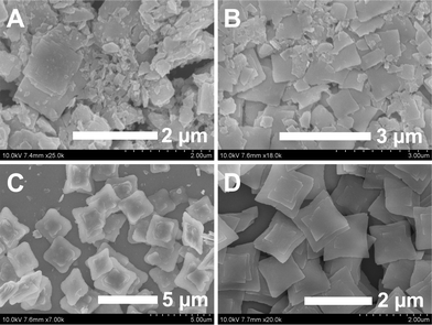 SEM images of the samples obtained at different reaction times with 0.2 g Na2tar at a pH value of 10 (A: 1 h; B: 5 h; C: 12 h; D 24 h).