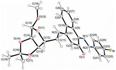 Molecular structure of compound 14c. Displacement ellipsoids for non-hydrogen atoms are drawn at the 30% probability level.