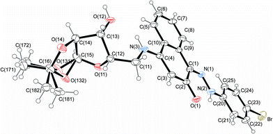 Molecular structure of compound 14j, with disorder in the acetonide rings. Displacement ellipsoids for non-hydrogen atoms are drawn at the 30% probability level.