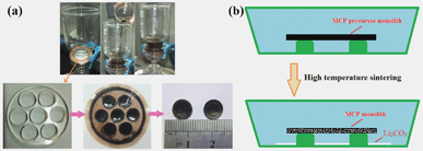 Illustrations for the (a) tailoring of MCP precursor monolith and (b) fabrication of MCP monolith.