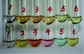 The upper layer is the indicators themselves in benzene solution, the bottom layer the indicator with the complex 25a in benzene solution (1. black; 2. dimethyl yellow; 3. methyl red; 4. neutral red; 5. bromothymol blue; 6. thymol blue). (Image reproduced from ref. 39 with permission of the Royal Society of Chemistry).39