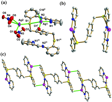 (a) Thermal ellipsoid (50%) plot of 1 showing the coordination environment of the Ag(i) ions. (b) The ball and stick view of the binuclear Ag2(pbbpa) subunit. (c) The ball and stick view of the 1D chain with the Ag–C bond highlighted in green (symmetry codes: (i) −x + 3/2, y + 1/2, −z + 3/2; (ii) −x + 1, −y, −z + 1.; (iii) −x + 2, −y, −z + 1). Color legend: Ag, purple; S, yellow; C, gray; O, red; N, blue.