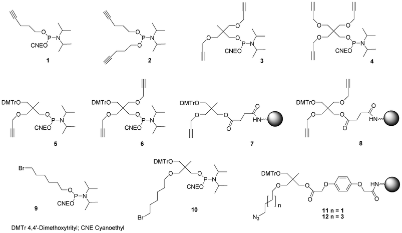 Non-nucleosidic phosphoramidites and solid support building blocks used in the post-conjugation strategy to obtain DNA-like glycomimetics described herein.