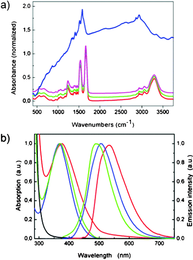 a) FT-IR spectra of films of silk (red); T4Lys-doped silk (green); lysine-doped silk (magenta); lysine (blue). b) Absorption (left) and emission (right) spectra of: T4Lys-doped silk film (green); a pure T4Lys film (red); and T4Lys in water solution (blue). The absorption of an un-doped 20 μm silk film (black) is also shown.