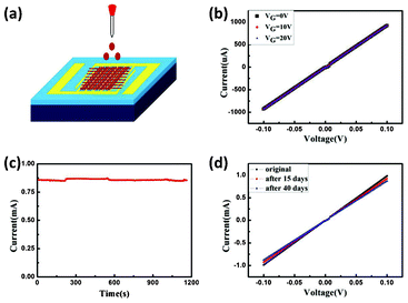 (a) Schematic diagram of the device for electrical measurement. (b) I–V curves of Cu nanowire film with different gate voltages. (c) I–t curve recorded continuously over 1200 s at ambient conditions. The applied voltage was 100 mV. (d) I–V curves Cu nanowire film stored in an argon-filled glove box (H2O <0.1 ppm, O2 <0.6 ppm).