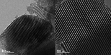 Selected TEM image of Eu(ZnO-MAA-PHEMA-SBA-15)(DBM)3 along the [100] (left) and [110] (right) zone axes.