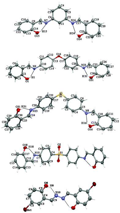 Thermal ellipsoid (50%) plot of 2a, 6a,347a, 8a and 4b (from top to bottom). Dotted lines indicate intramolecular interactions.