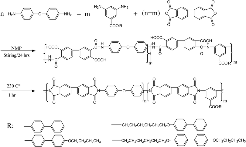 Synthesis routes of polyimides based on functionalized diamine, ODA and BPDA.