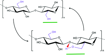 Rearrangement chemistry of the C5 hydroxymethyl group of cellulose, showing the potential Van der Waals interaction between the active hydrogen of a hydroxymethyl group with a β-1,4 glycosidic bond.