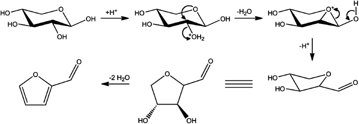 The proposed reaction pathway for the dehydration of xylose to furfural, initiated by the dehydration of xylose at position 2.