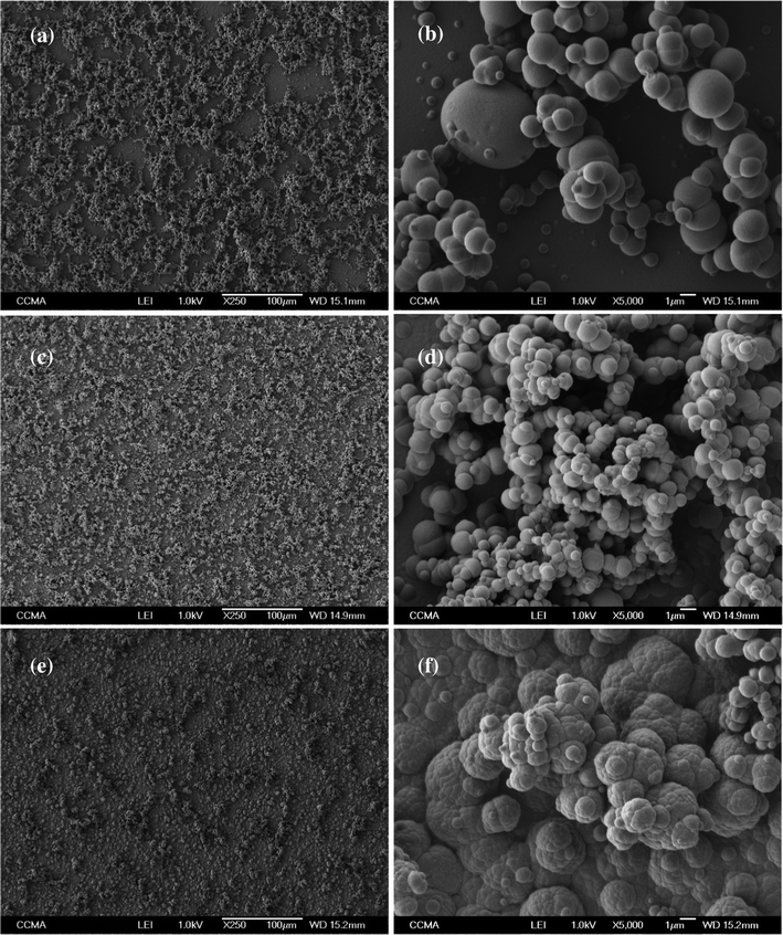 SEM images of (a and b) PEDTP-F4, (c and d) PEDTP-F6 and (e and f) PEDTP-F8; magnification × 250 and × 5,000; Qs = 225 mC cm−2.