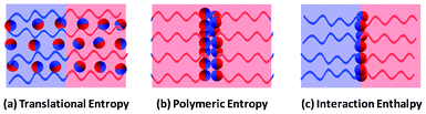 Sketches of three different distributions of the Janus nanoparticles in the block copolymer scaffolds: (a) distribution favored by translational entropy, (b) distribution favored by polymeric entropy, and (c) distribution favored by interaction enthalpy.