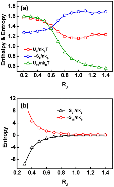 (a) The contributions of interaction enthalpy UPJ/nkBT between the Janus nanoparticles and diblock copolymers, UP/nkBT between the dissimilar diblocks, and configurational entropic loss −SP/nkB of the diblock copolymers to free energy as a function of the size of the Janus nanoparticles. (b) The contributions of the translational entropic loss −SJT/nkB and steric entropic loss −SJS/nkB of the Janus nanoparticles to free energy as a function of the size of the Janus nanoparticles.