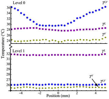 The temperature distribution at the gas phase (TV), interface (TLV), and liquid phase (TL) as a function of position with the heating at Level 0 and Level 1 for E6 and E12.