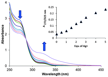 Change in the absorption spectra of 1 (100 μM) upon addition of AgNO3 (0–500 μM). The purple trace tailing to ca. 400 nm was obtained after mild heating of the 500 μM sample of Ag+ with 1 (100 μM) (see text).