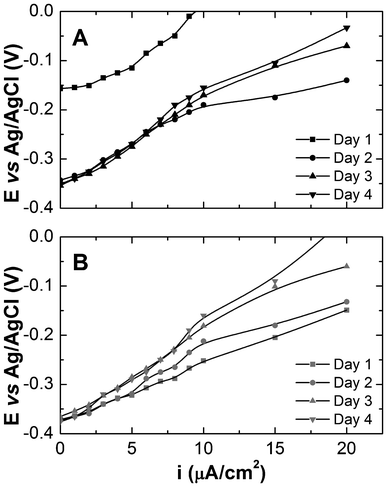 Polarization curves for S. oneidensis MR-1 biofilms without (A) and with silica encapsulation (B).