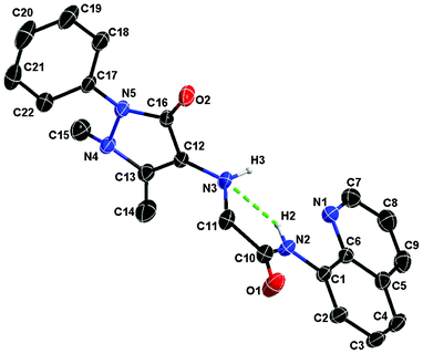 X-ray crystal structure of QPA. All hydrogen atoms are omitted for clarity (30% probability level for the thermal ellipsoids). The green dashed line indicates the internal H-bond between H2 and N3 atoms.