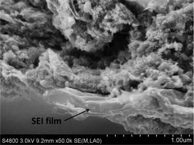 Cross section FESEM image of the SGC electrode with 60 wt.% SnO2 after 50 galvanostatic charge–discharge cycles.