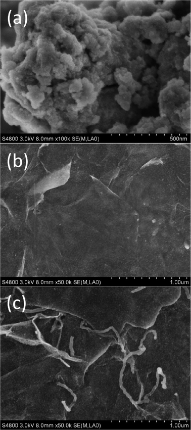 FESEM images of (a) pure SnO2, (b) SG and (c) SGC with 60 wt.% SnO2.