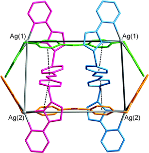 A view of the complex cation of [Ag4(Lazo)4](BF4)4·2(C7H8) with all ligands coloured separately for clarity. The dashed lines illustrate the stacking between the central azobenzene groups of the red and blue ligands with phenyl rings from the green and yellow ligands.