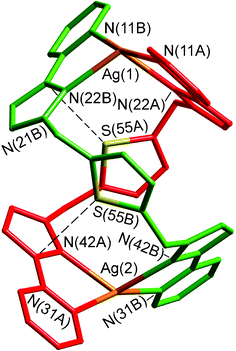 Structure of the double helical complex cation in the crystal structure of [Ag2(Lth)2](ClO4)2. The dashed lines indicate the contact between the thiophene lone pair from one ligand and a coordinated pyrazolyl–pyridine of the other (see main text).