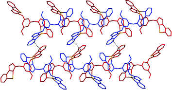 A view of an adjacent pair of 1-D chains in the crystal structure of {[Ag2(LOMe)2](BF4)2·(C7H8)}∞, illustrating the stacking interactions between the chains (dashed lines).