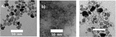 TEM images of the particles obtained at 98 °C after 16 min of aging a) in the microreactor synthesis, b) in bulk synthesis, c) in bulk, in a hydrothermal bomb.