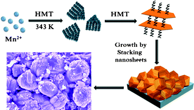 Schematic depiction of the selective formation of Mn3O4 stacked nanosheets on the substrate.