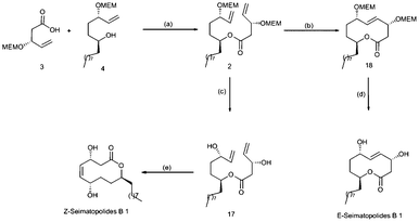 Synthesis of E-seimatopolide and Z-seimatopolide. Reagents and conditions: a) DCC, cat. DMAP, CH2Cl2, 6h, rt, 91% ; (b) Grubbs’ 2nd generation catalyst, CH2Cl2, reflux, 16h, 50% ;(c) PPTS, t-BuOH, reflux, 16h, 82%; (d) TFA, CH2Cl2, rt, 16h, 70% ; (e) Grubbs’ 2nd generation catalyst, CH2Cl2, reflux, 16h, 74%.