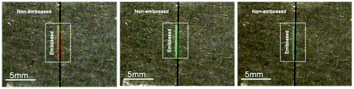 Photographs of photoembossed fibre with surface grating structure of 1 μm. These images were taken at slightly different viewing angles under ambient light.