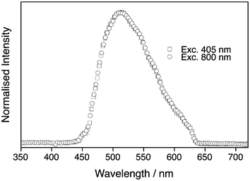 Ensemble emission spectra of tC (oligo 1) following one- and two-photon excitation (405 and 800 nm, respectively). Note that there are distortions in the long-wavelength side of the spectra due to the emission filter used.