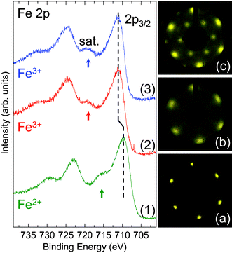 Fe 2p XP spectra of the as grown Fe oxide films (Curve 1), after oxidizing in ∼10−5 mbar O2 at ∼600 K (Curve 2) and further annealing in ∼10−5 mbar O2 at ∼650 K (Curve 3). The shift of the Fe 2p3/2 peak is indicated by the vertical dash lines. The Fe 2p3/2 satellite lines of Fe2+ and Fe3+ are indicated by arrows. (a–c) LEED patterns of the films corresponding to Curve 1–3, respectively. Primary energy is 55 eV for all LEED.