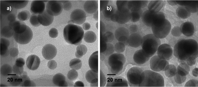 TEM images of Ag nanoparticles obtained at different times. a) 10 min b) 60 min.