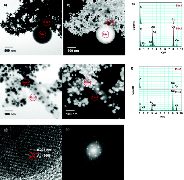 Images of the typical Ag nanoparticles prepared with beet juice. a) TEM image; b) HAADF images; c) EDX spectra of area Edx 1 and Edx 2; d) TEM image; e) HAADF images; f) EDX spectra of area Edx 3 and Edx 4; g) HRTEM image; h) FFT image obtained according to HRTEM.