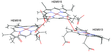 Details of the interactions linking the three porphyrins of the cytochrome c-552 from Wolinella succinogenes (PDB ID code 3bnj). The π–π interactions are marked with red lines (HEM513:D—HEM515:D, HEM515:A—HEM516:A).