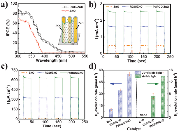 (a) The measured IPCE spectra of pristine ZnO nanorods and RGO–ZnO nanohybrids in the region 300–550 nm at a potential of 0.4 V (vs. Pt) in the two-electrode system. Inset: schematic illustration for the 1D ZnO nanorod–2D RGO nanosheet hybrid. (b) Photocurrent responses of bare ZnO, RGO–ZnO, and Pt–RGO–ZnO photoelectrodes under UV-visible light irradiation (λ > 300 nm). (c) Photocurrent responses of bare ZnO, RGO–ZnO, and Pt–RGO–ZnO photoelectrodes under visible-light irradiation (λ > 400 nm). (d) Comparison of photocatalytic performance over bare ZnO, RGO–ZnO, and Pt–RGO–ZnO photoelectrodes under UV-visible light (λ > 300 nm) and visible-light (λ > 400 nm) irradiation.