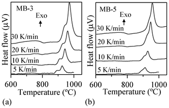 Typical DTA traces of investigated glasses at different heating rates.