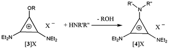 Formation of triaminocyclopropenium salts (R = Me or Et; R′, R′′ and X− are detailed in Table 1 and 2).