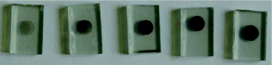 NiO photoelectrodes made from pastes containing different weight percentages (wt%) of NiO nanoparticles, calcinated at 400 °C—from left to right 3 wt%, 5 wt%, 10 wt%, 15 wt%, and 20 wt%.